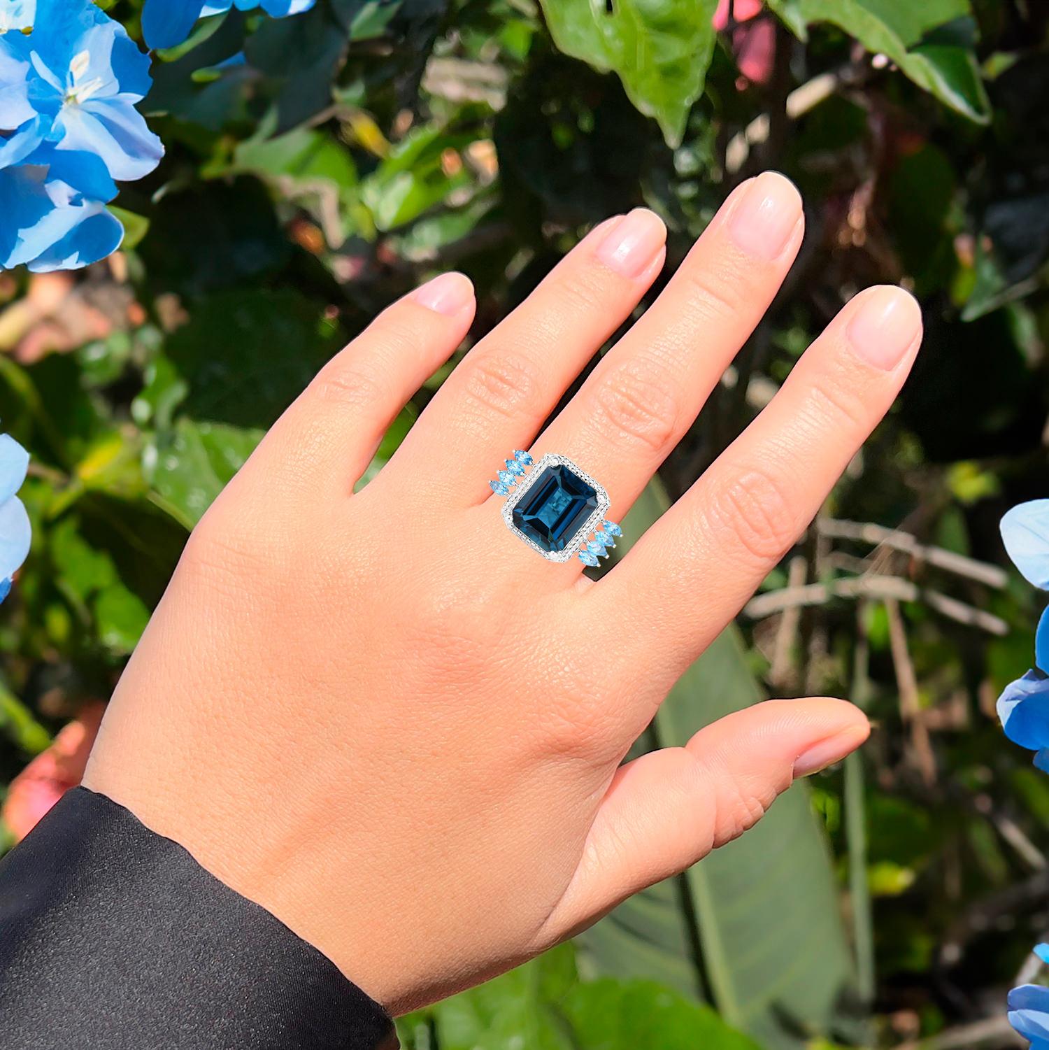 Emerald Cut London Blue Topaz Cocktail Ring Swiss Blue Topaz Setting 8.25 Carats For Sale
