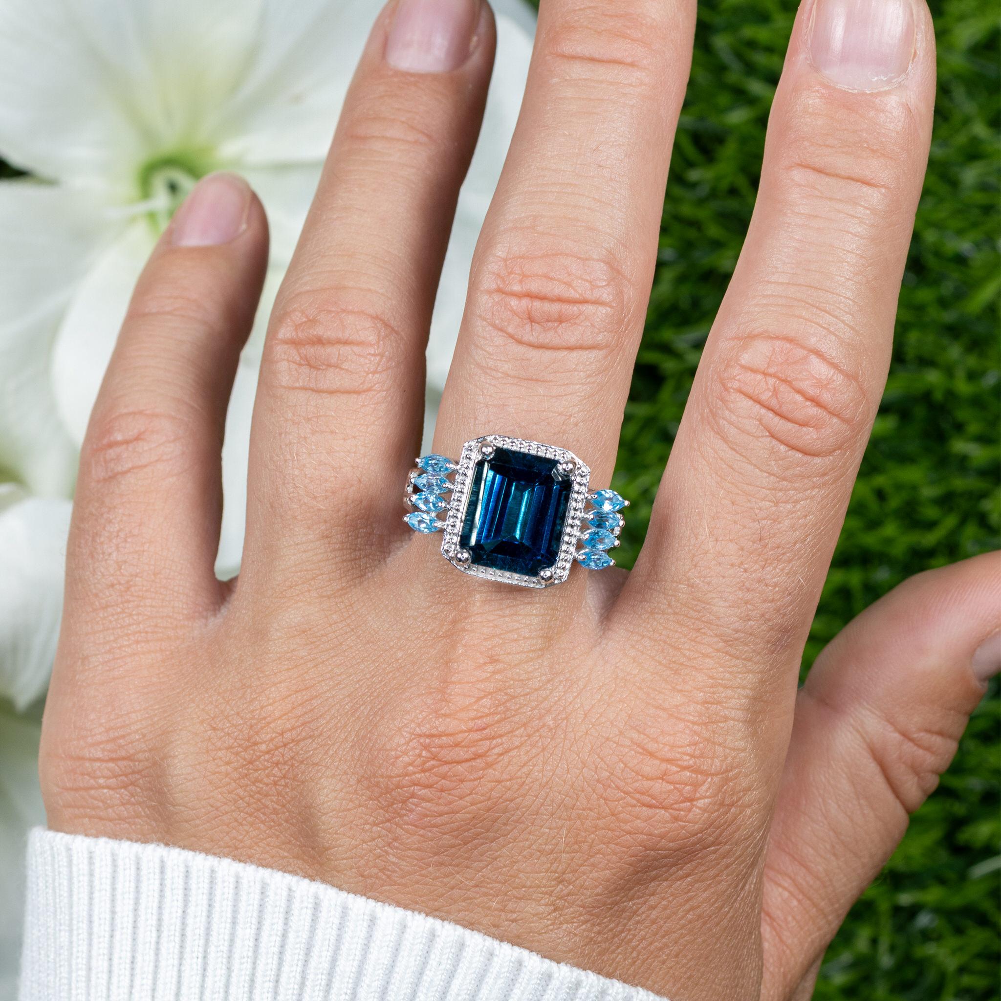 Emerald Cut London Blue Topaz Cocktail Ring Swiss Blue Topaz Setting 8.25 Carats For Sale