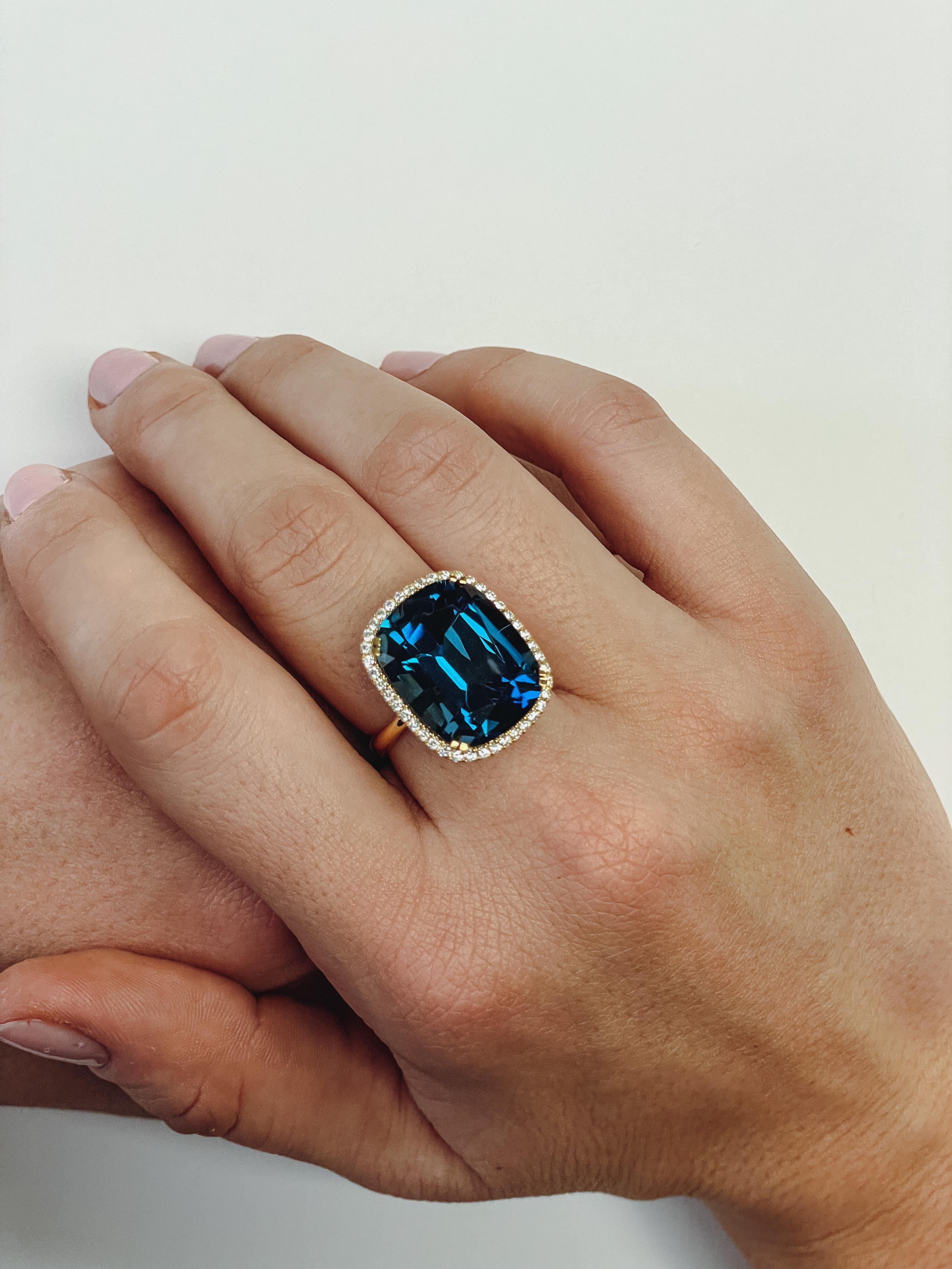For Sale:  London Blue Topaz Cushion Cut Ring with Tube Shank & Diamond in 18K Yellow Gold 2