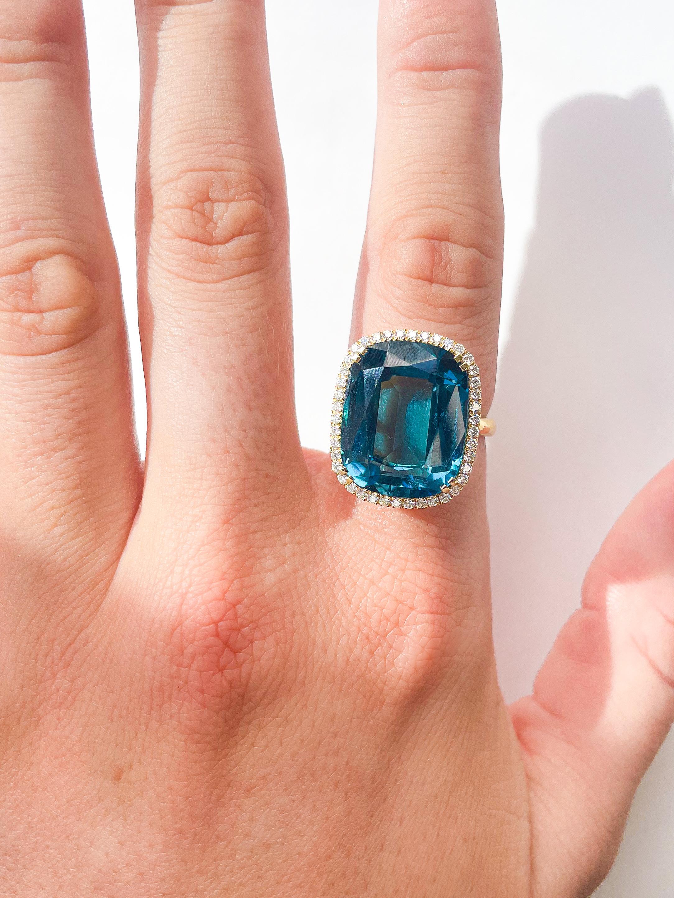 For Sale:  London Blue Topaz Cushion Cut Ring with Tube Shank & Diamond in 18K Yellow Gold 4