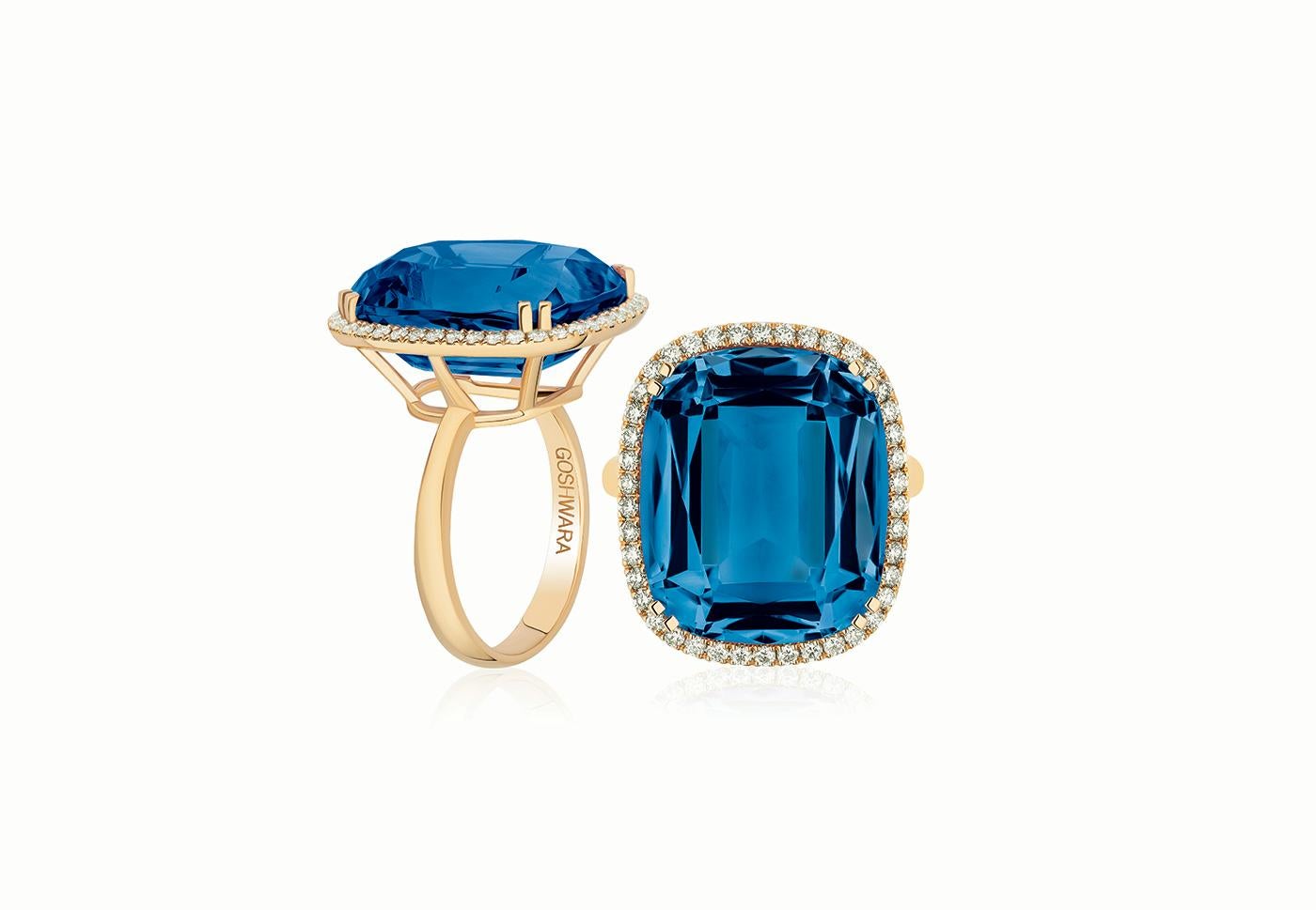 For Sale:  London Blue Topaz Cushion Cut Ring with Tube Shank & Diamond in 18K Yellow Gold 5