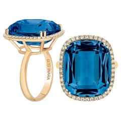 London Blue Topaz Cushion Cut Ring with Tube Shank & Diamond in 18K Yellow Gold