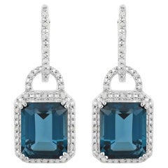 London Blue Topaz Dangle Earrings Diamonds 7.95 Carats Sterling Silver