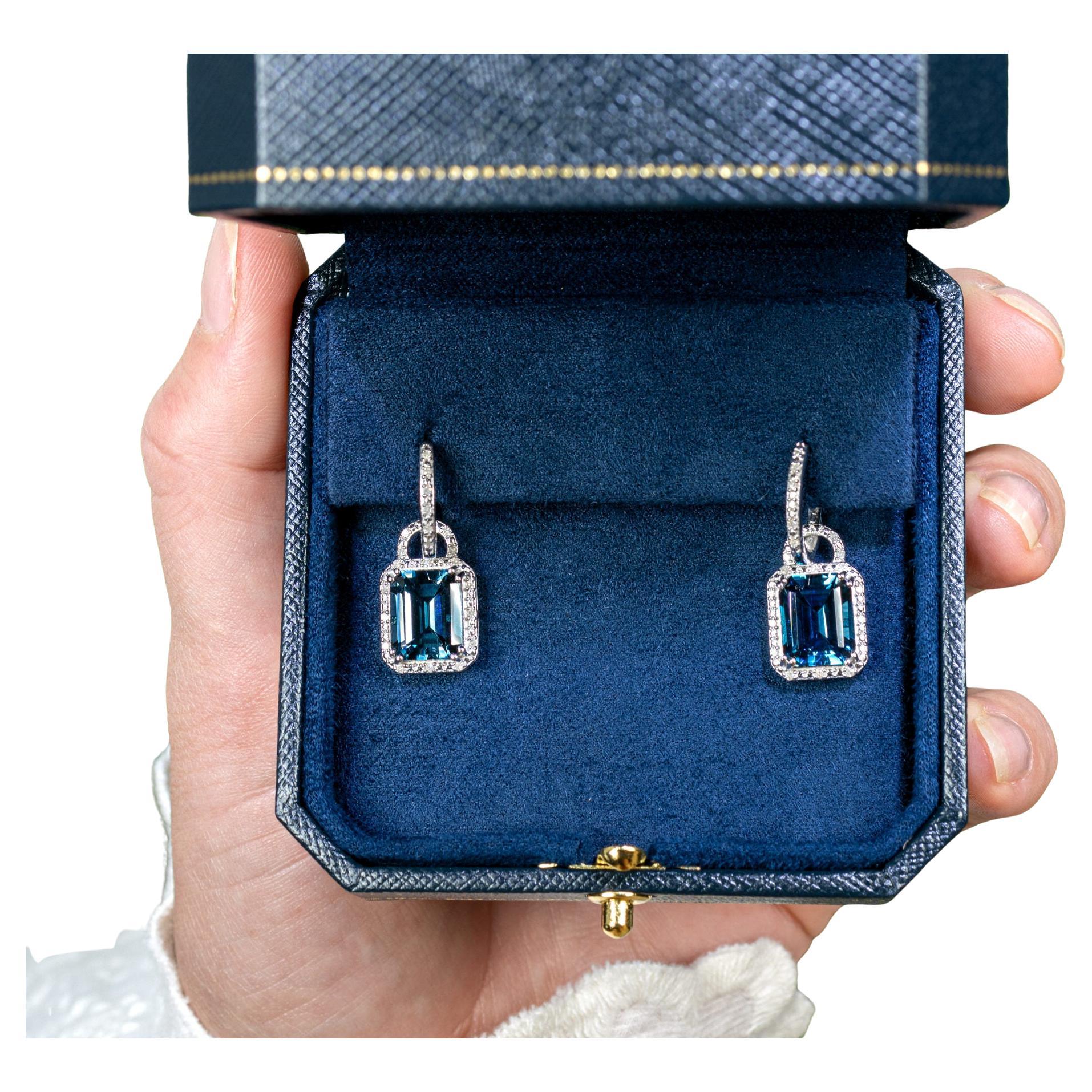 London Blue Topaz Dangle Earrings Diamonds 7.95 Carats Sterling Silver