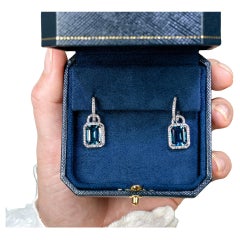 London Blue Topaz Dangle Earrings Diamonds 7.95 Carats Sterling Silver