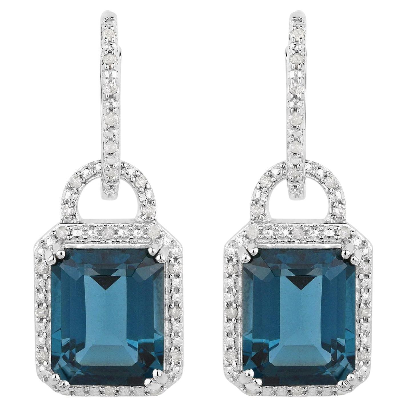 London Blue Topaz Dangle Earrings Diamonds 7.95 Carats Sterling Silver