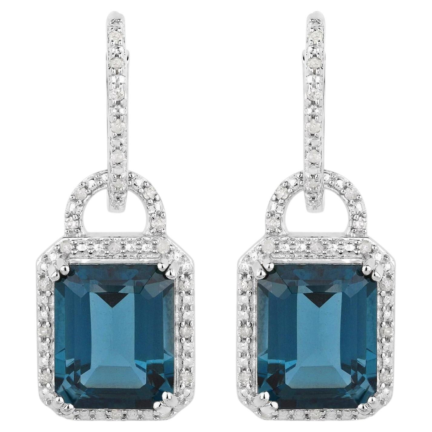 London Blue Topaz Dangle Earrings Diamonds 7.95 Carats Sterling Silver