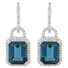 London Blue Topaz Dangle Earrings Diamonds 7.95 Carats Sterling Silver