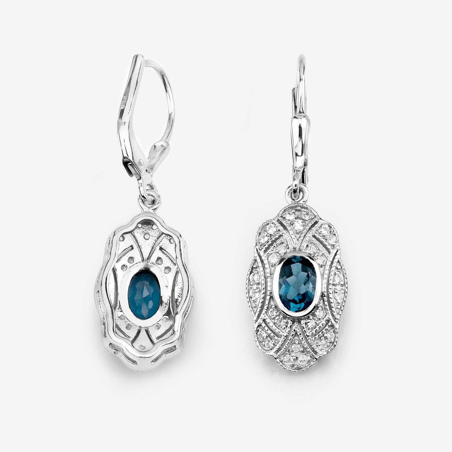 Contemporain London Blue Topaz Dangle Earrings White Topaz 1.3 Carats Sterling Silver en vente
