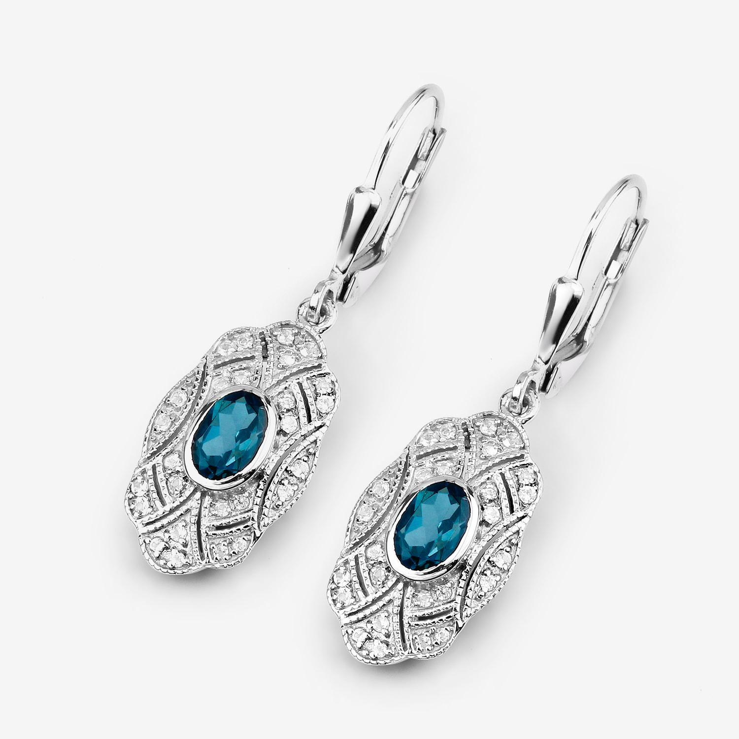 London Blue Topaz Dangle Earrings White Topaz 1.3 Carats Sterling Silver Excellent état - En vente à Aliso Viejo, CA