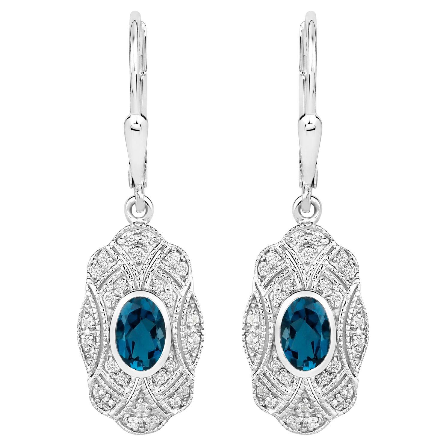 London Blue Topaz Dangle Earrings White Topaz 1.3 Carats Sterling Silver