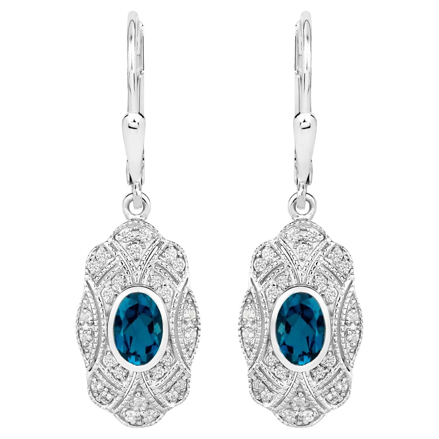 London Blue Topaz Dangle Earrings White Topaz 1.3 Carats Sterling Silver en vente