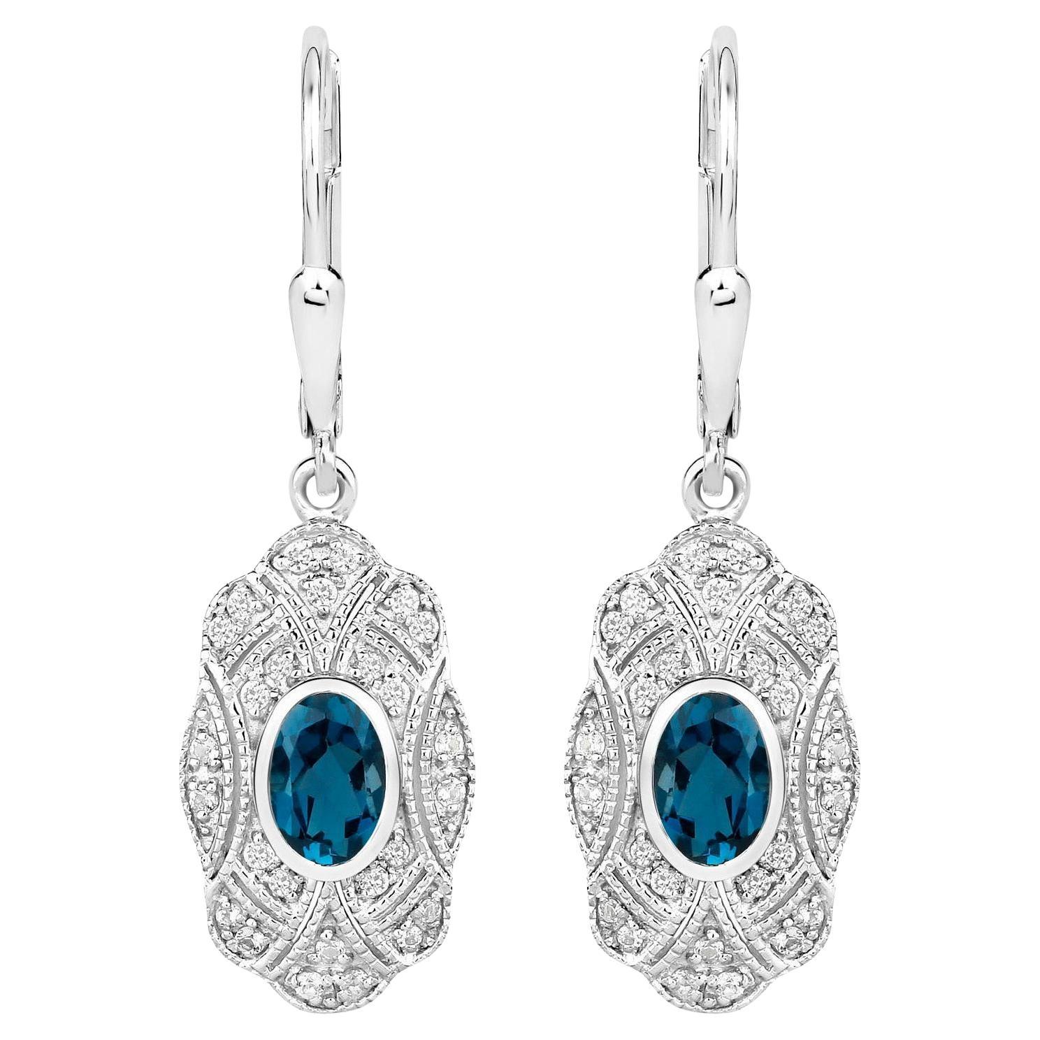 London Blue Topaz Dangle Earrings White Topaz 1.3 Carats Sterling Silver