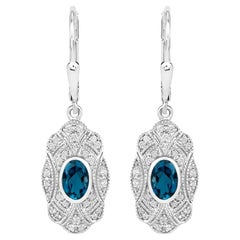 London Blue Topaz Dangle Earrings White Topaz 1.3 Carats Sterling Silver