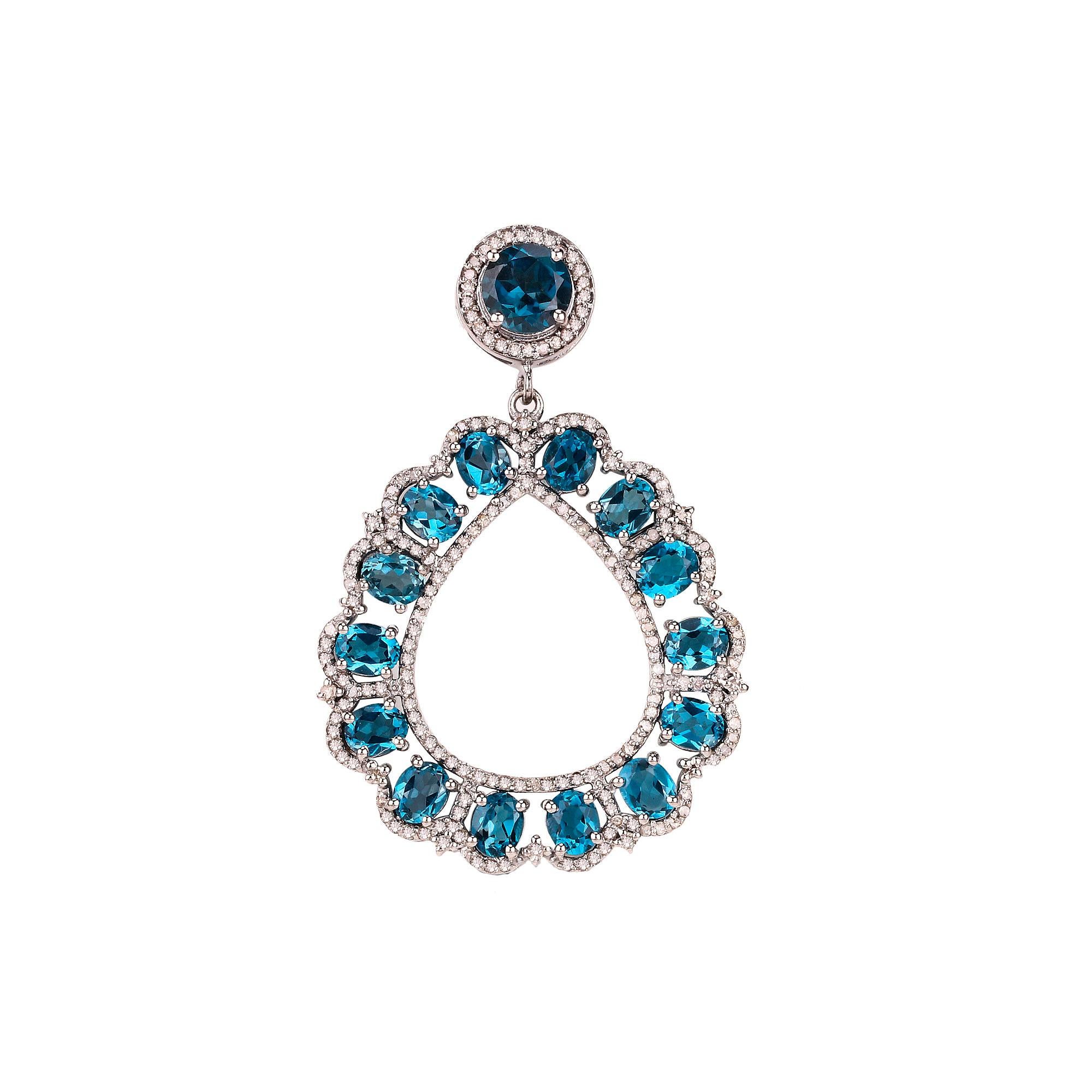 Mixed Cut London Blue Topaz Dangle Earrings With Diamonds 15.52 Carats Sterling Silver For Sale
