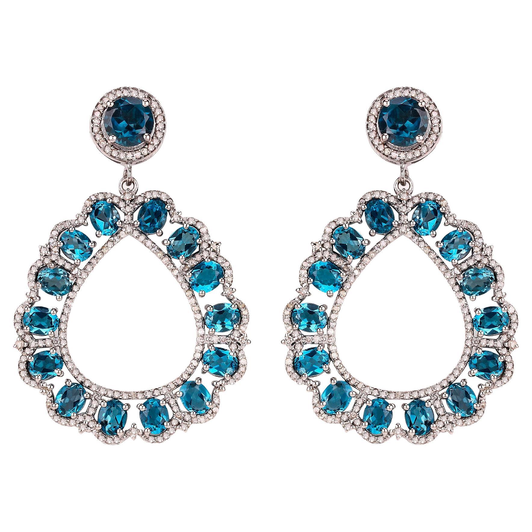 London Blue Topaz Dangle Earrings With Diamonds 15.52 Carats Sterling Silver For Sale