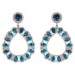 London Blue Topaz Dangle Earrings With Diamonds 15.52 Carats Sterling Silver