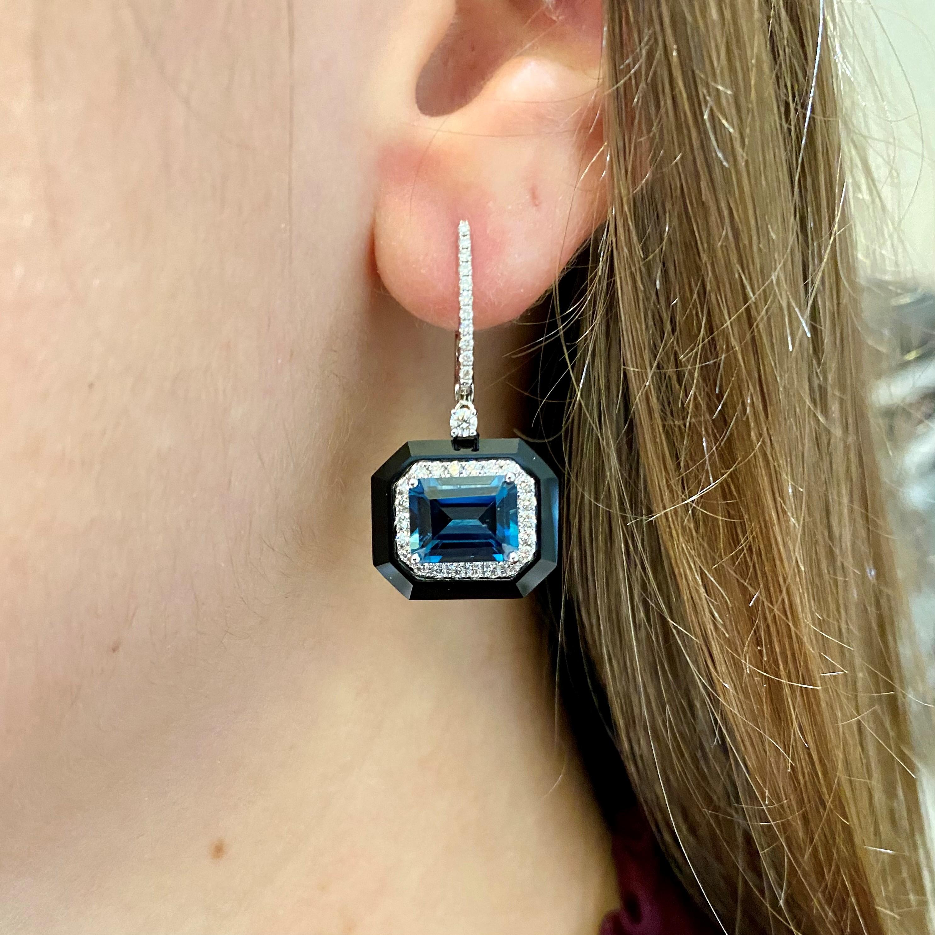  Art Deco Style Earrings  Blue Topaz, Diamond and Black Onyx in 18K White Gold In New Condition In Rochester, NY