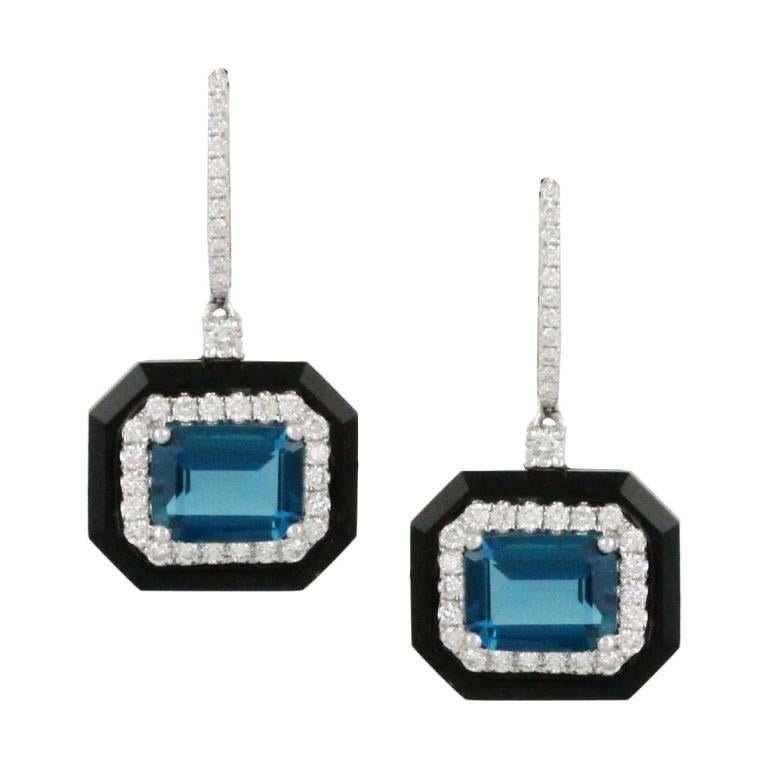  Art Deco Style Earrings  Blue Topaz, Diamond and Black Onyx in 18K White Gold