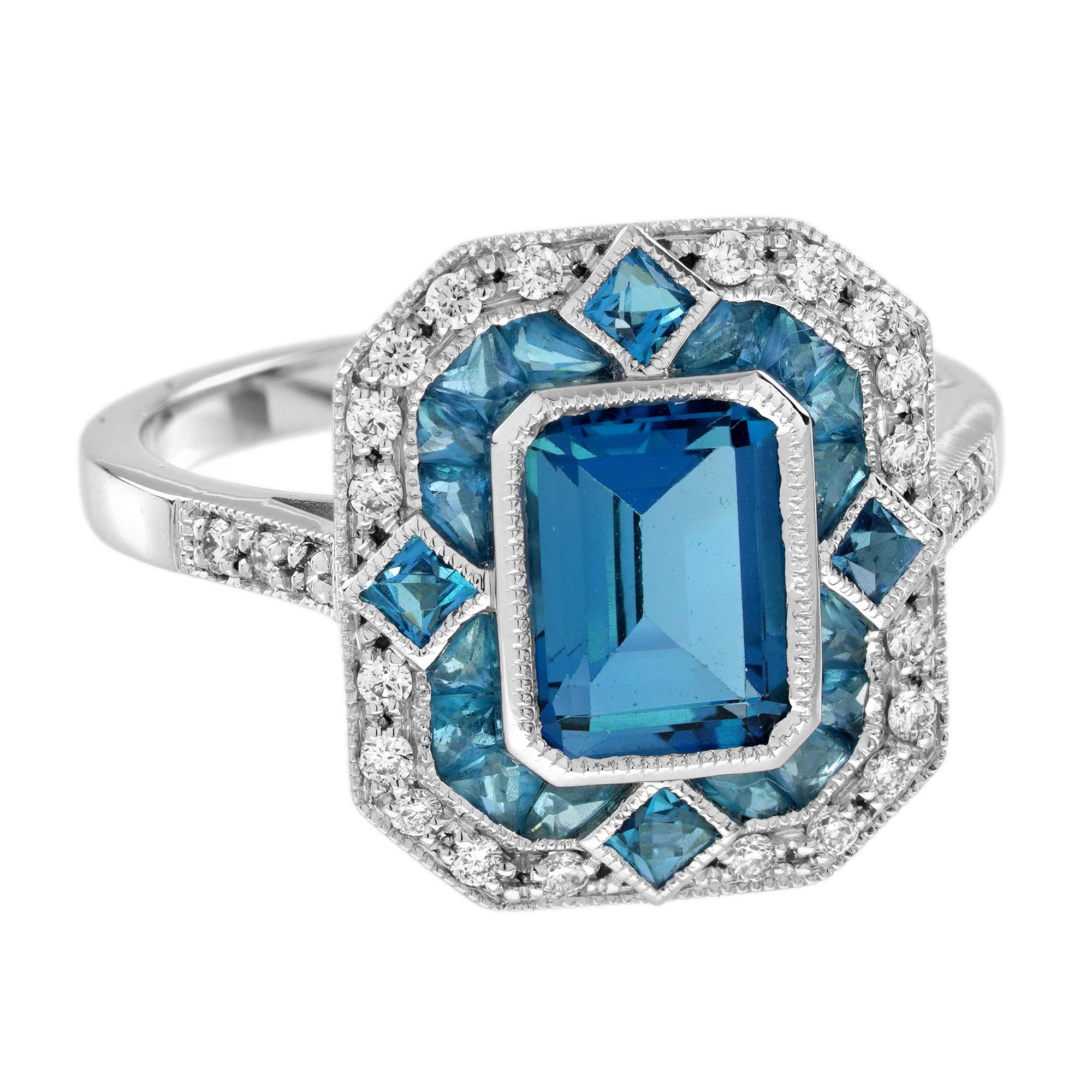 Taglio smeraldo Anello in stile Art Deco con diamante e topazio blu di Londra in oro bianco 14 carati in vendita