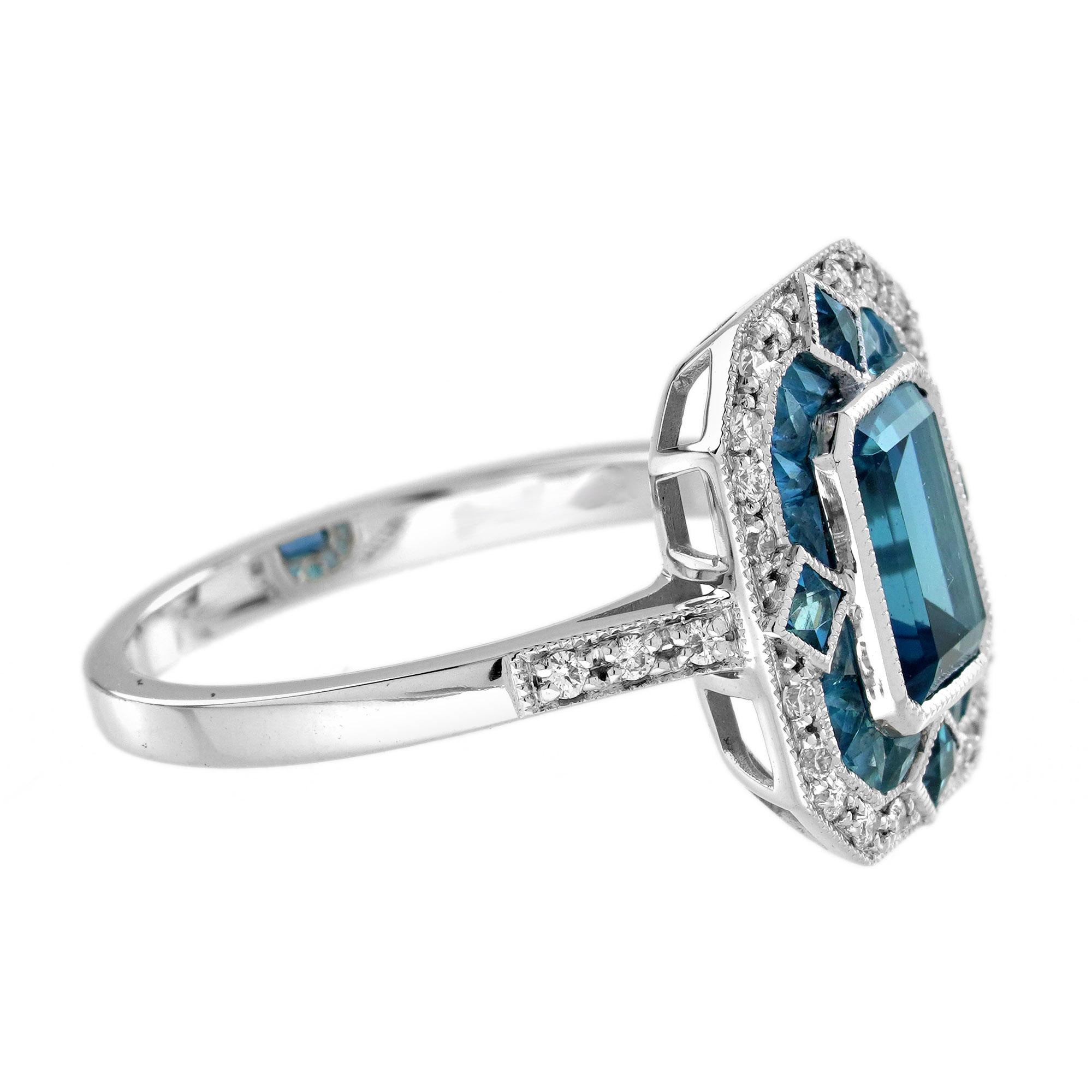 Anello in stile Art Deco con diamante e topazio blu di Londra in oro bianco 14 carati In condizioni Nuovo in vendita a Bangkok, TH