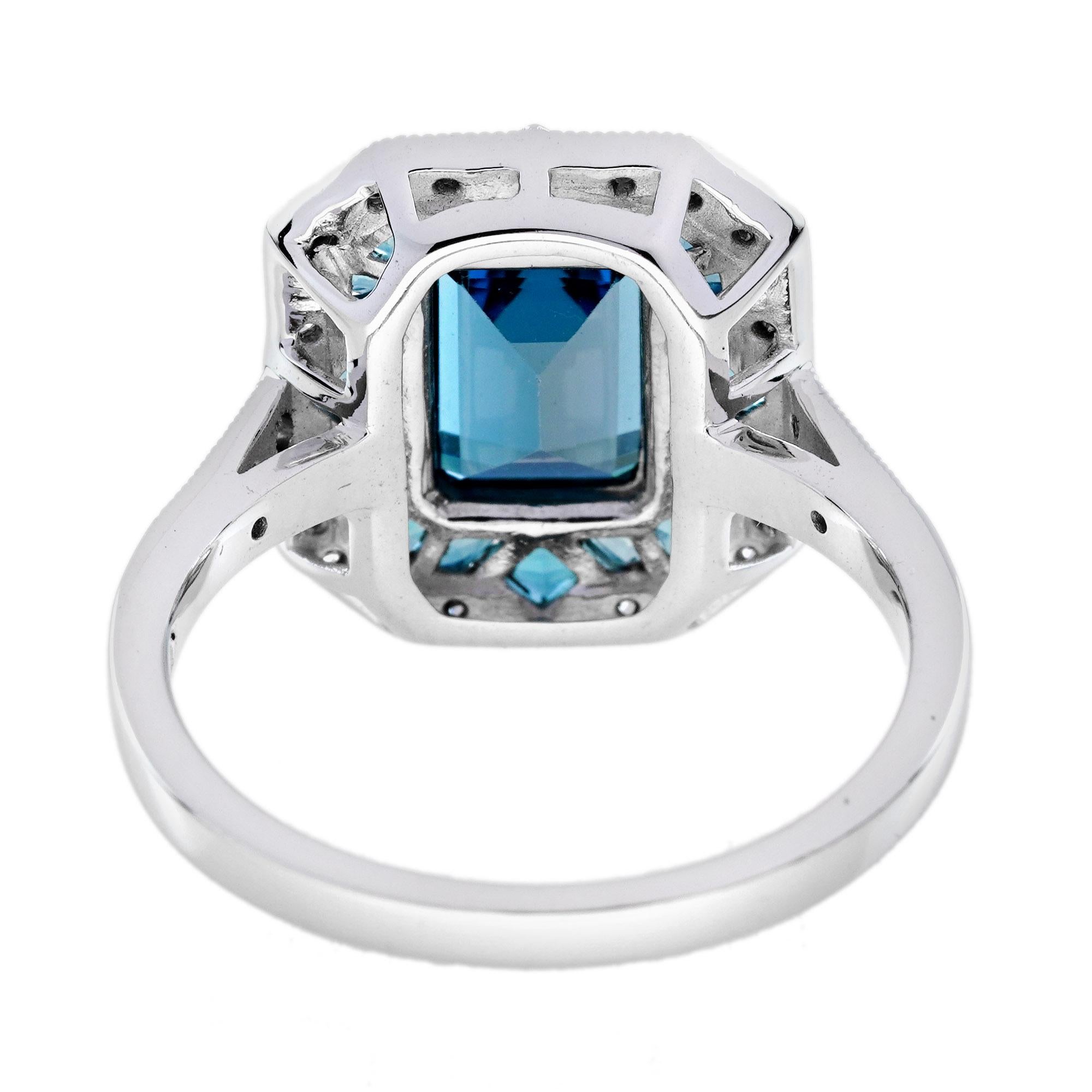Donna Anello in stile Art Deco con diamante e topazio blu di Londra in oro bianco 14 carati in vendita