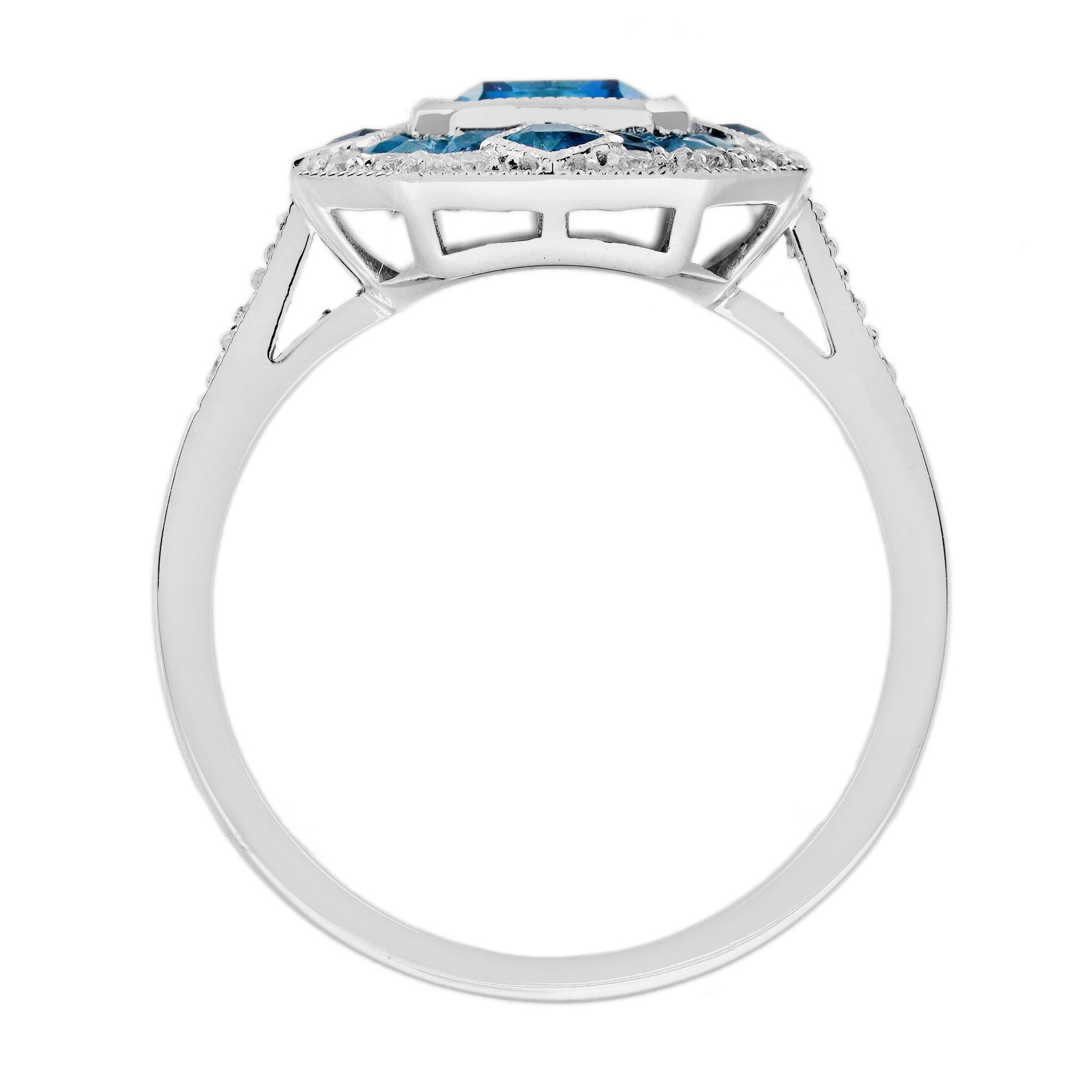 Anello in stile Art Deco con diamante e topazio blu di Londra in oro bianco 14 carati in vendita 1
