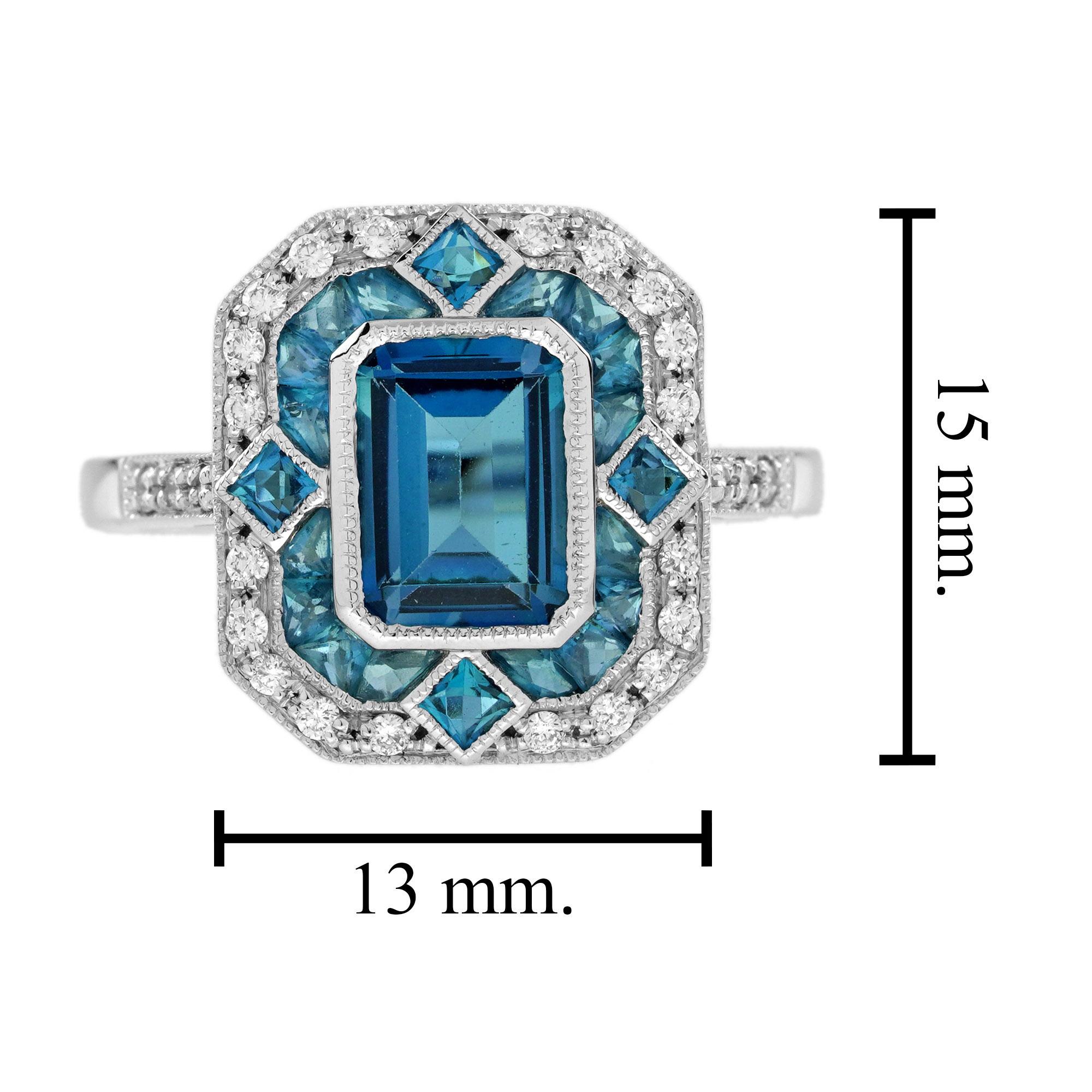 Anello in stile Art Deco con diamante e topazio blu di Londra in oro bianco 14 carati in vendita 2