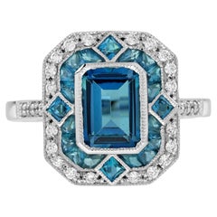 London Blue Topaz Diamond Art Deco Style Ring in 14K White Gold
