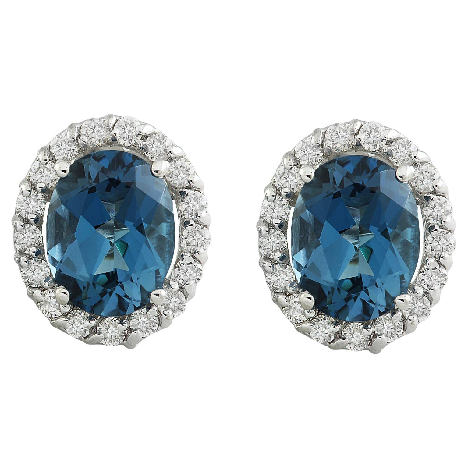 Londoner Blauer Topas-Diamant-Ohrringe aus 14 Karat Weißgold