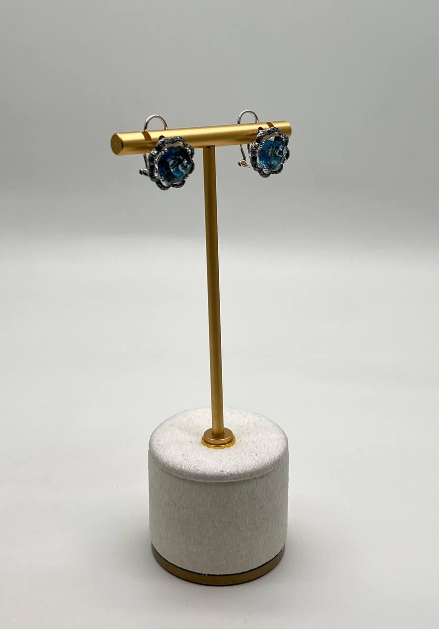 Mixed Cut London Blue Topaz Diamond Floral Flower Halo 14K White Gold Statement Earrings For Sale