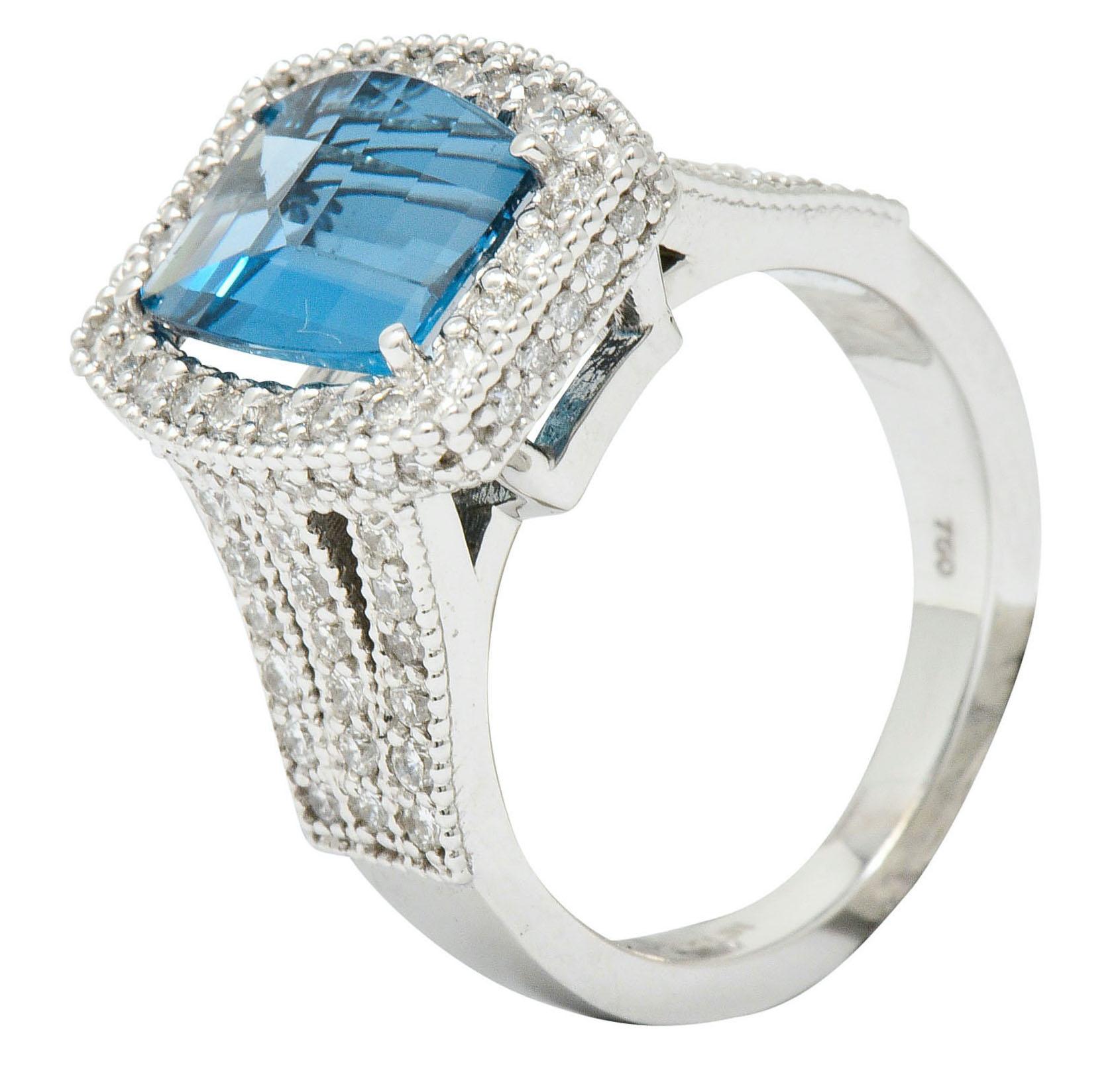 London Blue Topaz Diamond Halo 18 Karat White Gold Statement Ring 4