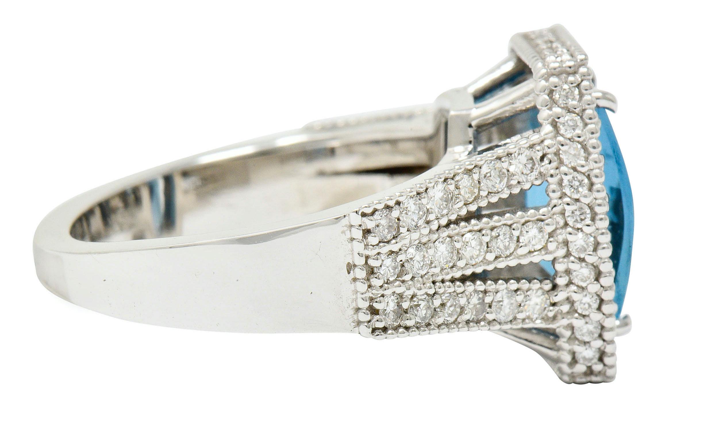 Contemporary London Blue Topaz Diamond Halo 18 Karat White Gold Statement Ring