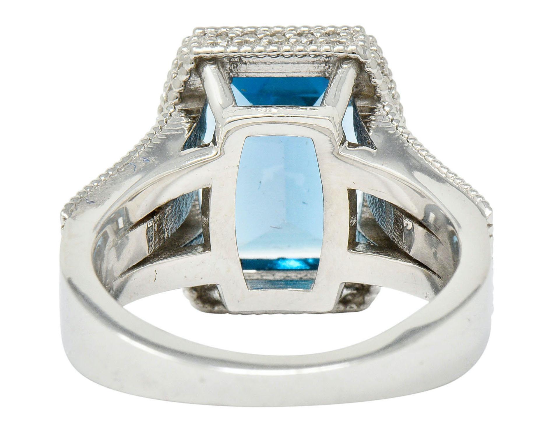 Square Cut London Blue Topaz Diamond Halo 18 Karat White Gold Statement Ring