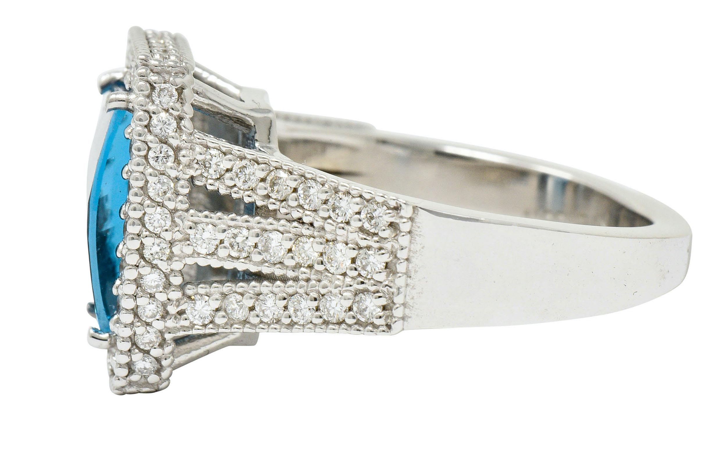 London Blue Topaz Diamond Halo 18 Karat White Gold Statement Ring In Excellent Condition In Philadelphia, PA