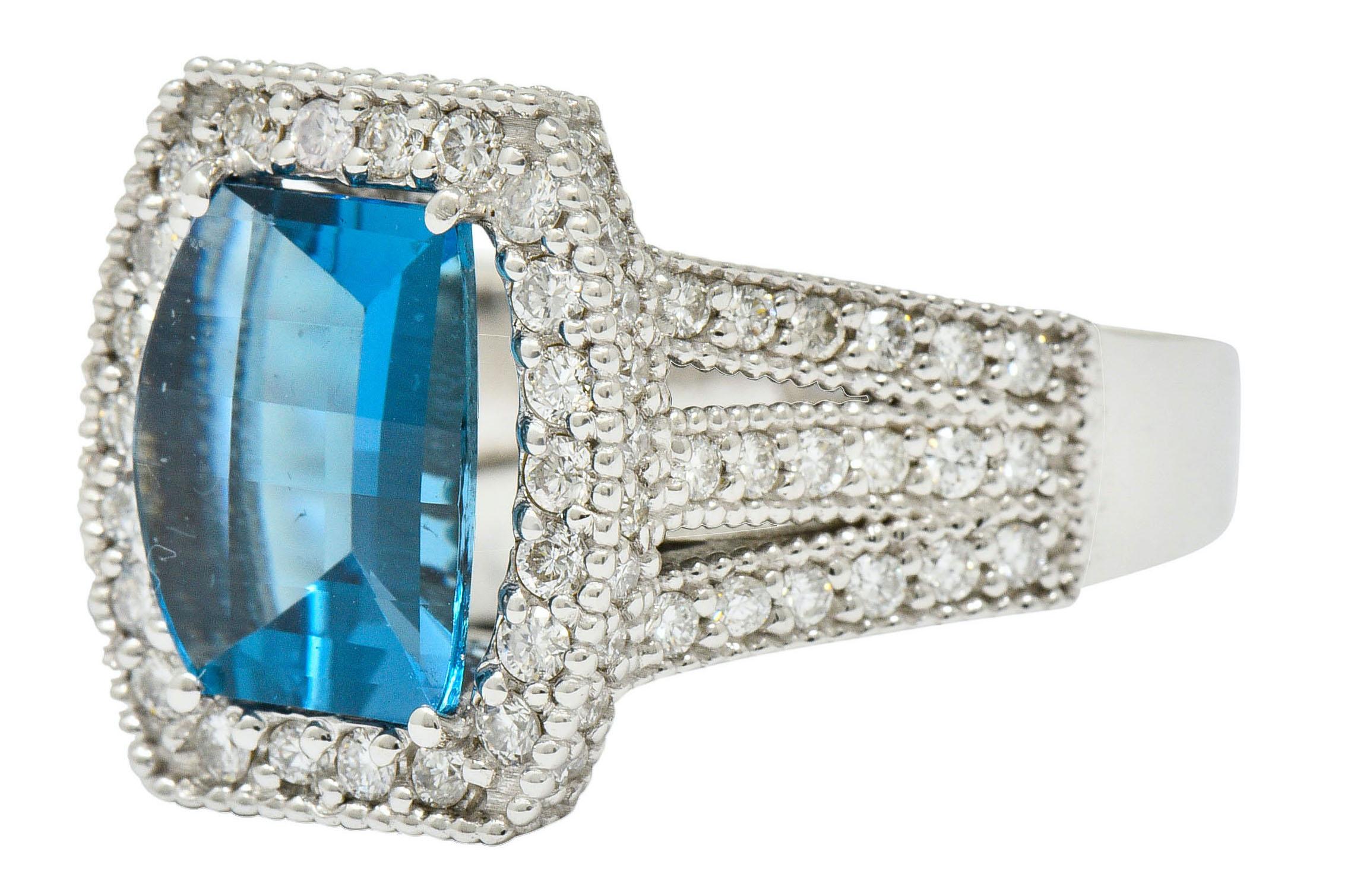 Women's or Men's London Blue Topaz Diamond Halo 18 Karat White Gold Statement Ring