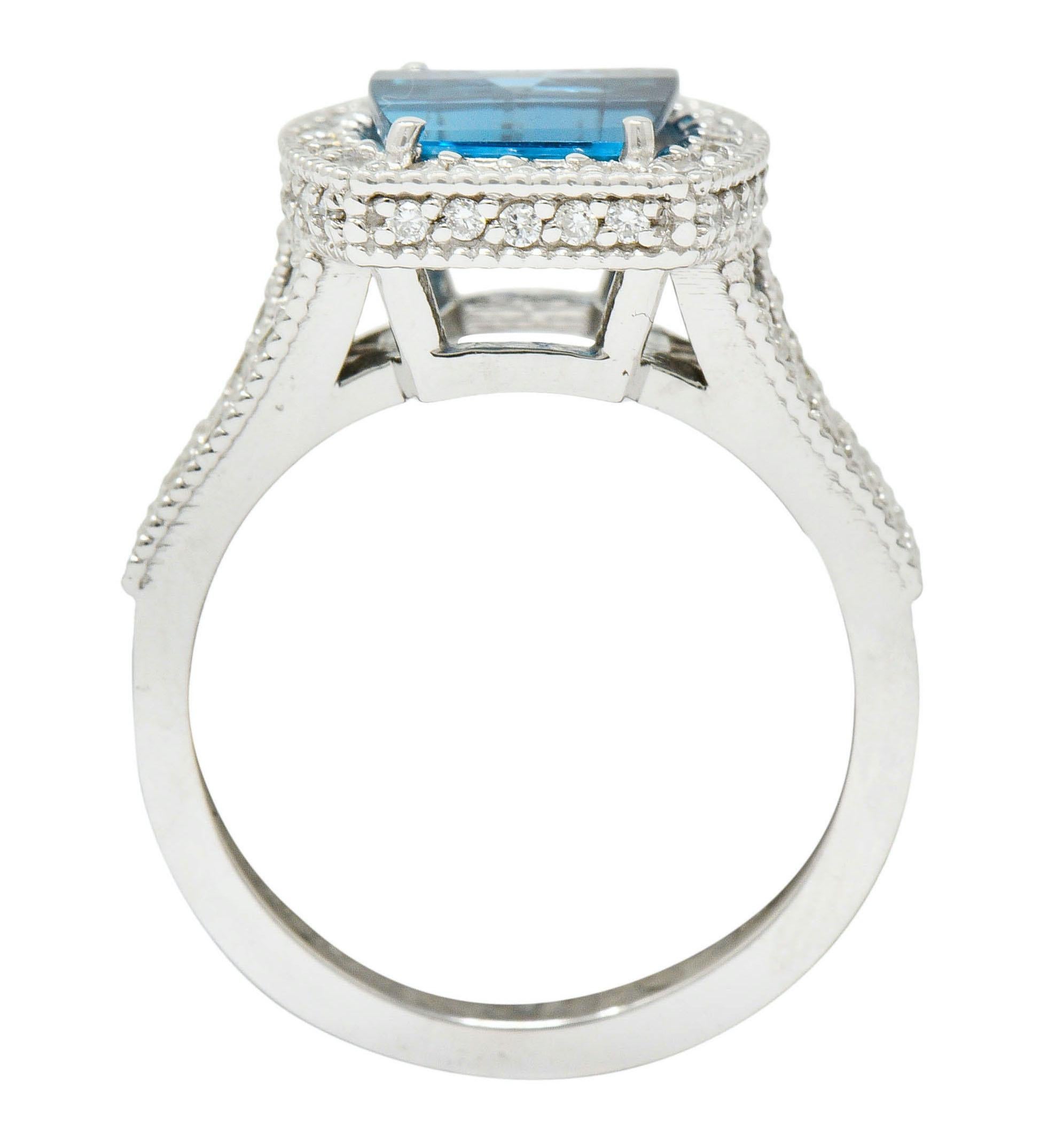 London Blue Topaz Diamond Halo 18 Karat White Gold Statement Ring 1