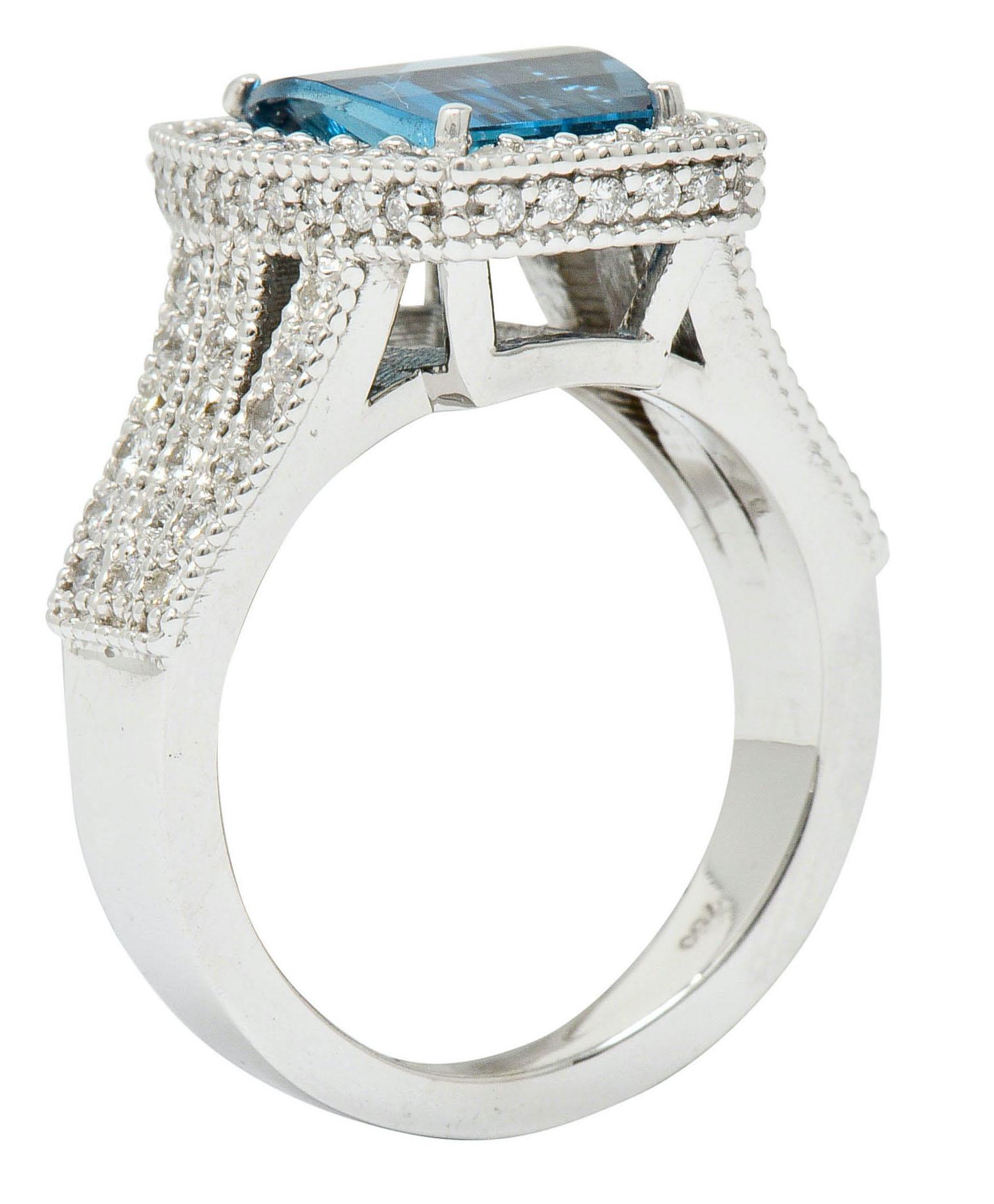 London Blue Topaz Diamond Halo 18 Karat White Gold Statement Ring 2