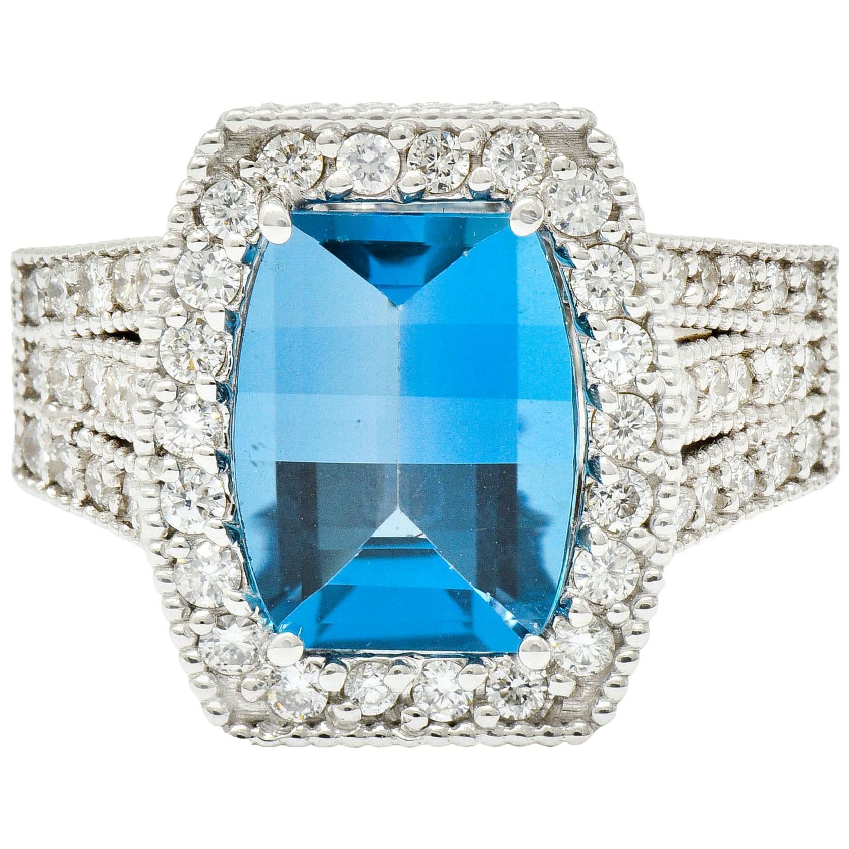 London Blue Topaz Diamond Halo 18 Karat White Gold Statement Ring