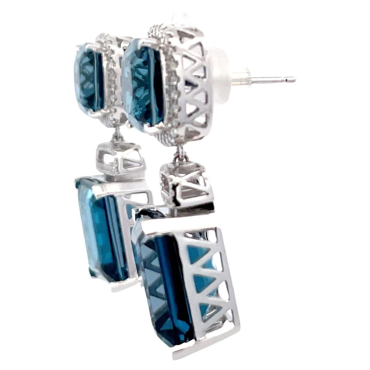 Contemporary London Blue Topaz Diamond Halo Drop Earrings 35.72 CTTW 14 Karat White Gold For Sale