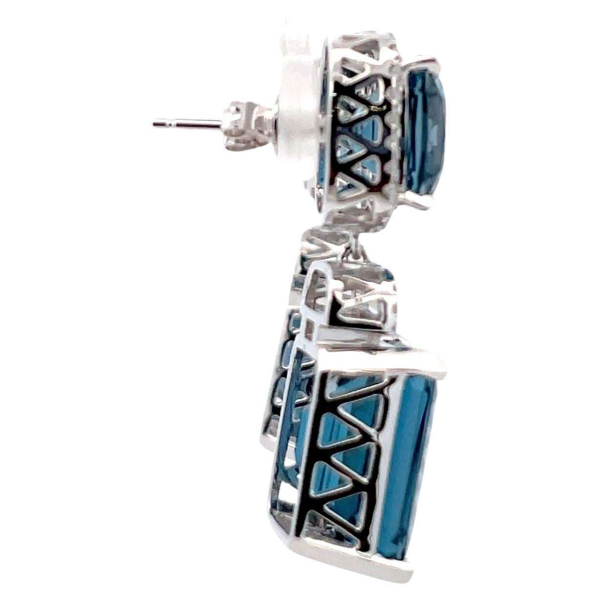 Emerald Cut London Blue Topaz Diamond Halo Drop Earrings 35.72 CTTW 14 Karat White Gold For Sale