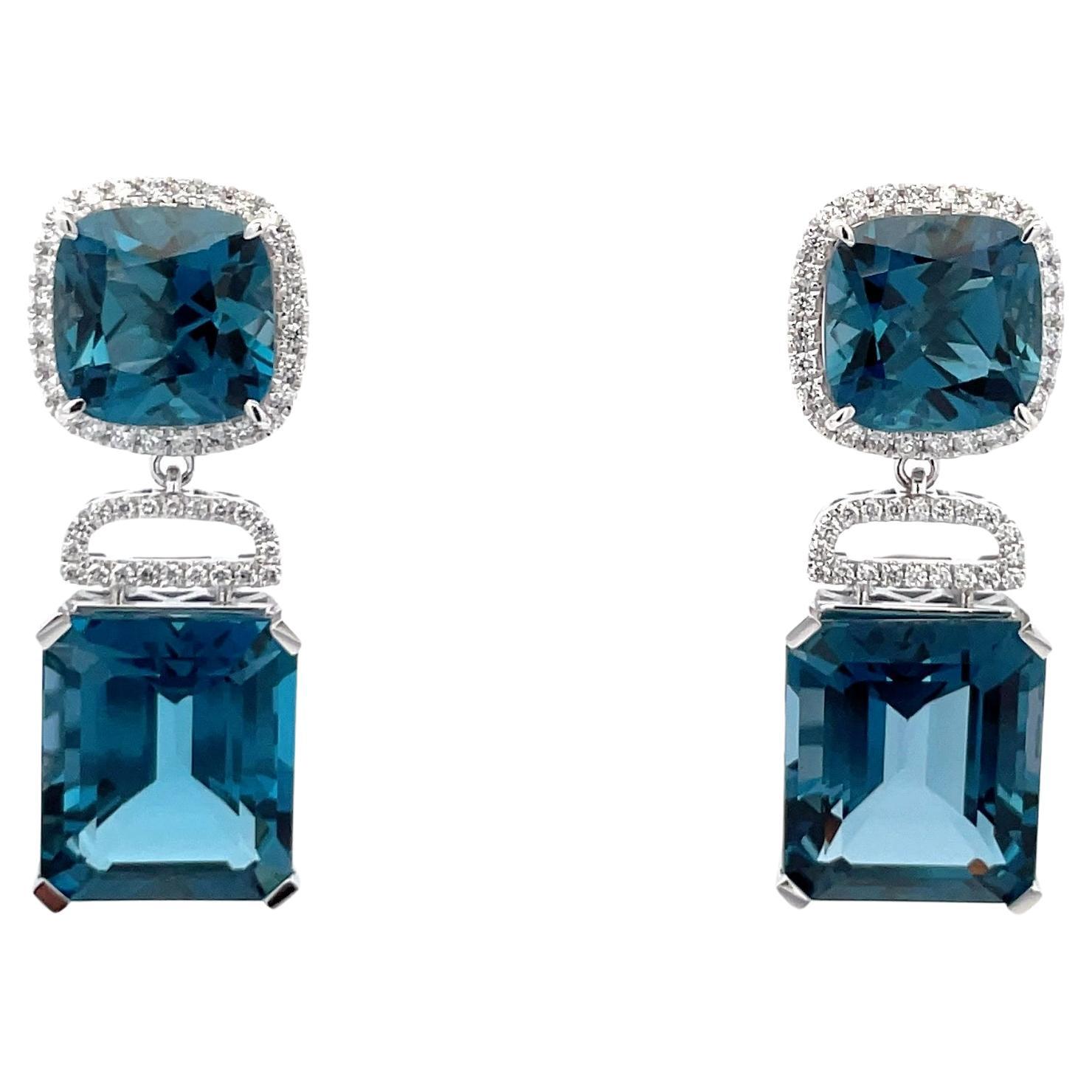 London Blue Topaz Diamond Halo Drop Earrings 35.72 CTTW 14 Karat White Gold In New Condition For Sale In New York, NY
