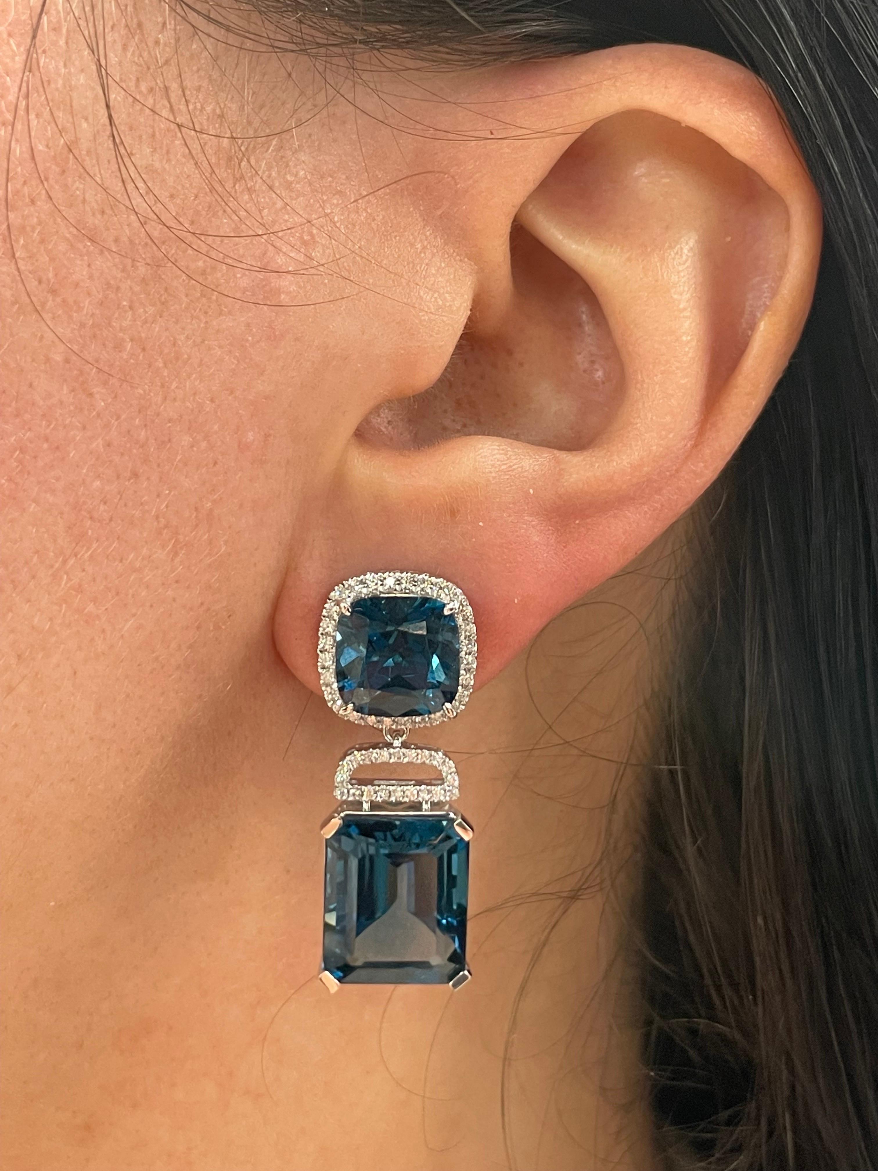 London Blue Topaz Diamond Halo Drop Earrings 35.72 CTTW 14 Karat White Gold For Sale 1