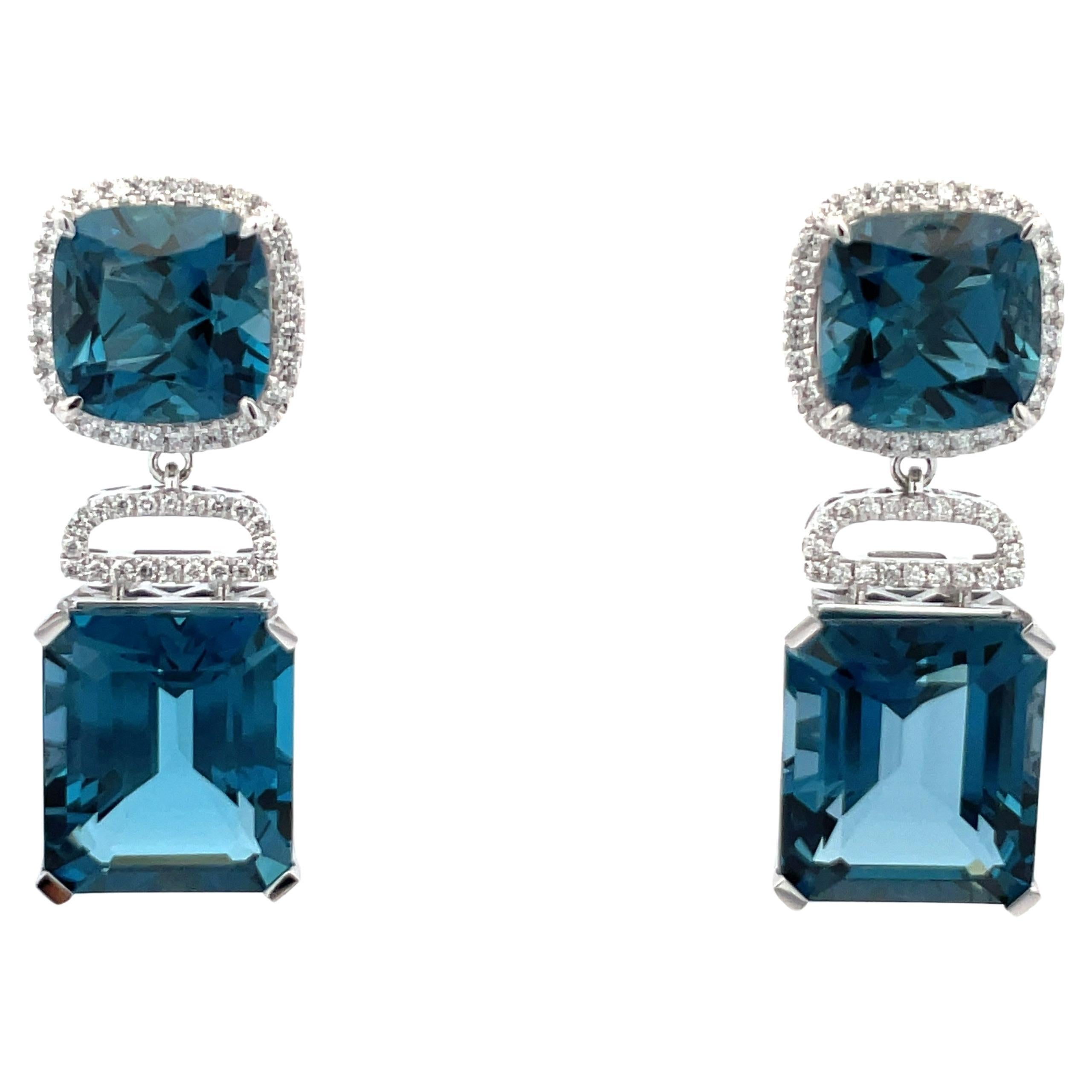 London Blue Topaz Diamond Halo Drop Earrings 35.72 CTTW 14 Karat White Gold