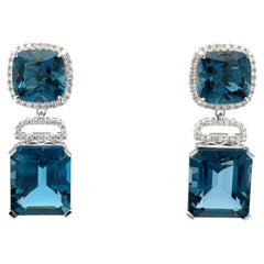 London Blue Topaz Diamond Halo Drop Earrings 35.72 CTTW 14 Karat White Gold