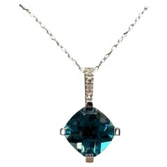 London Blue Topaz Diamond Necklace 10K White Gold 18in New