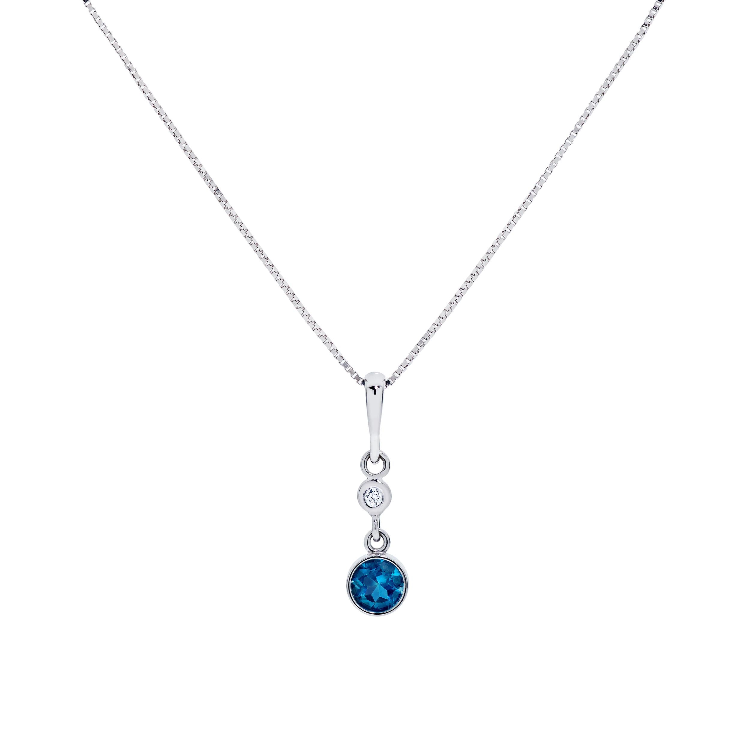 This necklace and earrings contain a total of 0.79 Carats of London Blue Topaz with .012 Carats of Diamond set in fine 18 Karat White Gold.  Pendant hangs on an 18