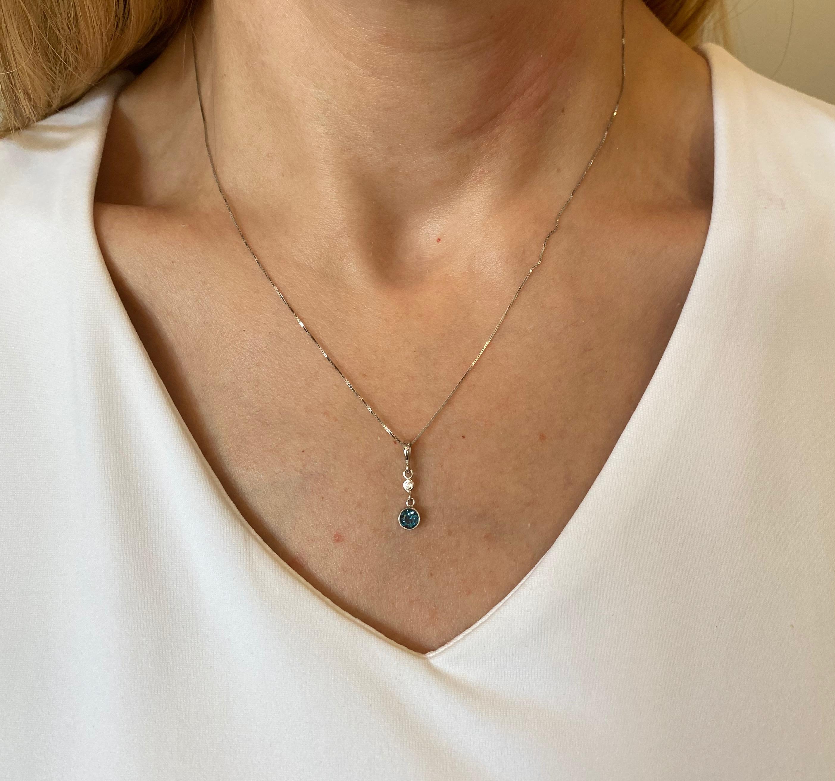 Round Cut London Blue Topaz & Diamond Necklace and Earring Set in 18 Karat White Gold
