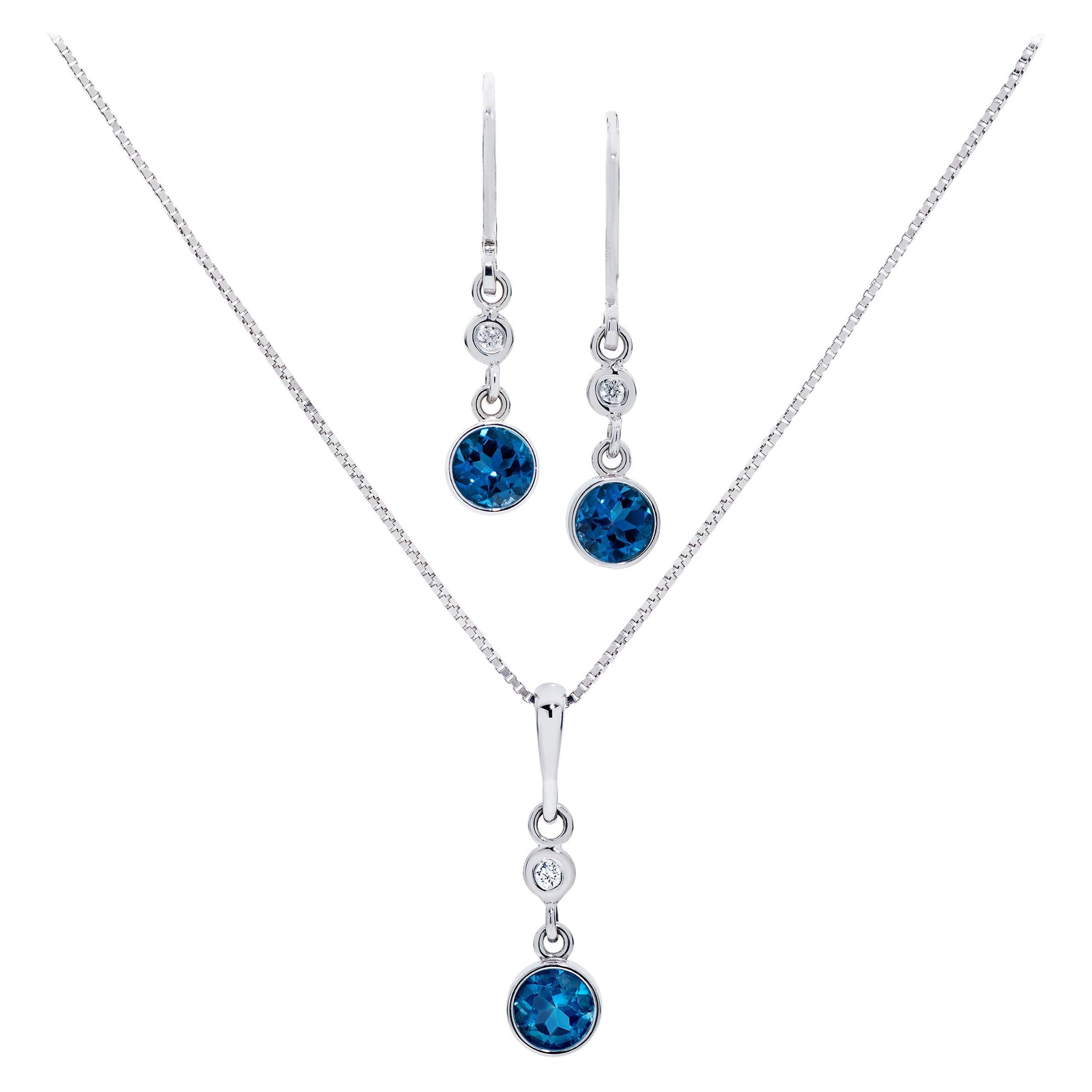 London Blue Topaz & Diamond Necklace and Earring Set in 18 Karat White Gold