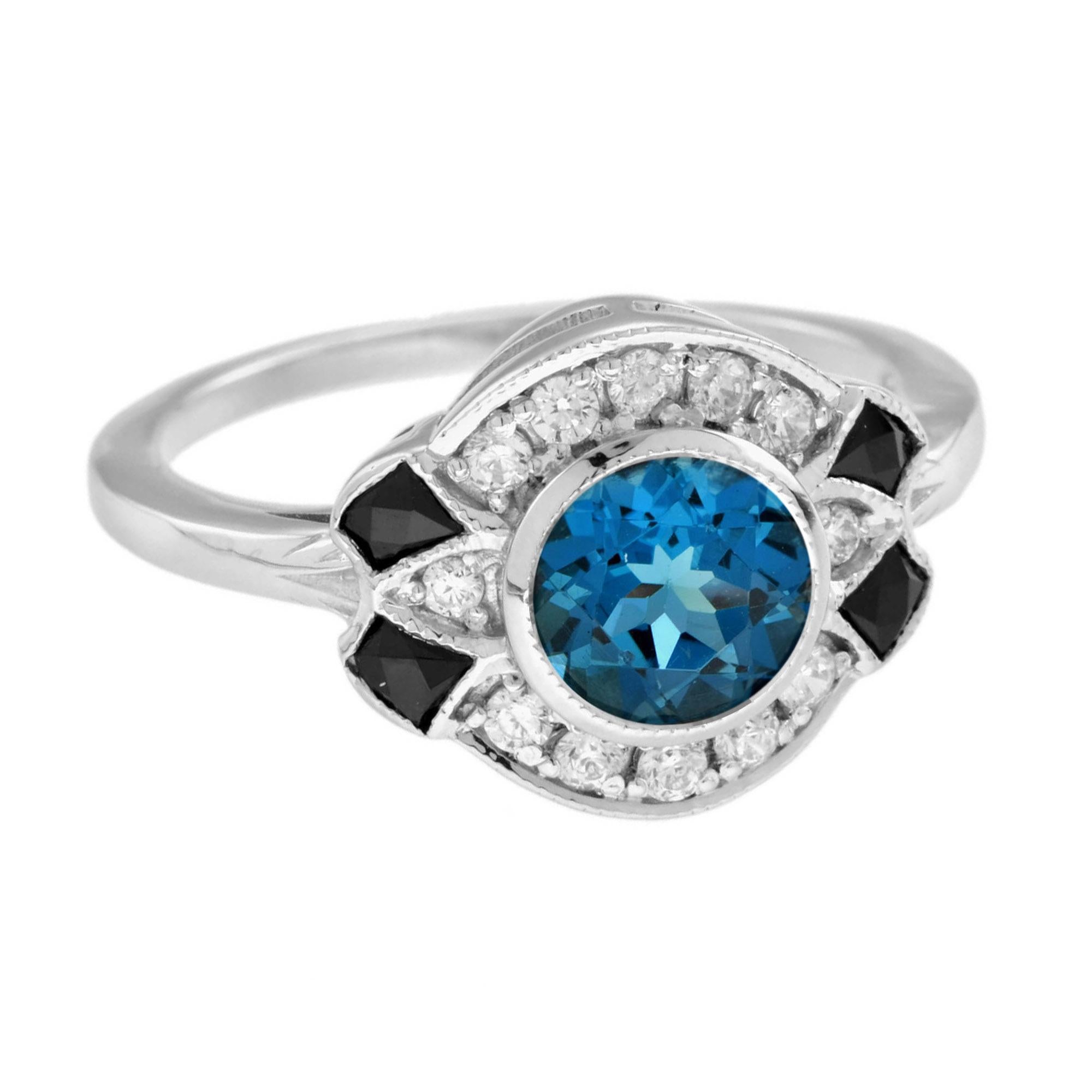 Round Cut London Blue Topaz Diamond Onyx Art Deco Style Ring in 14K White Gold For Sale
